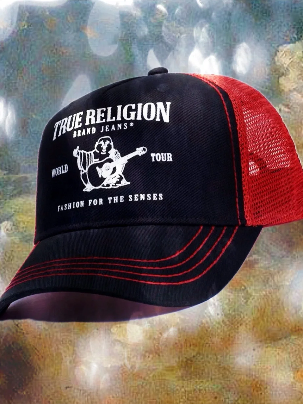 True Religion Buddha Black and Red Embroidered Trucker Cap